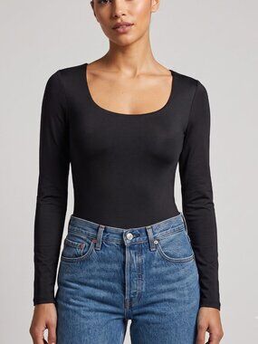 NWT | Black Long Sleeve Swoop Neck Fitted Full Coverage Bodysuit | Small